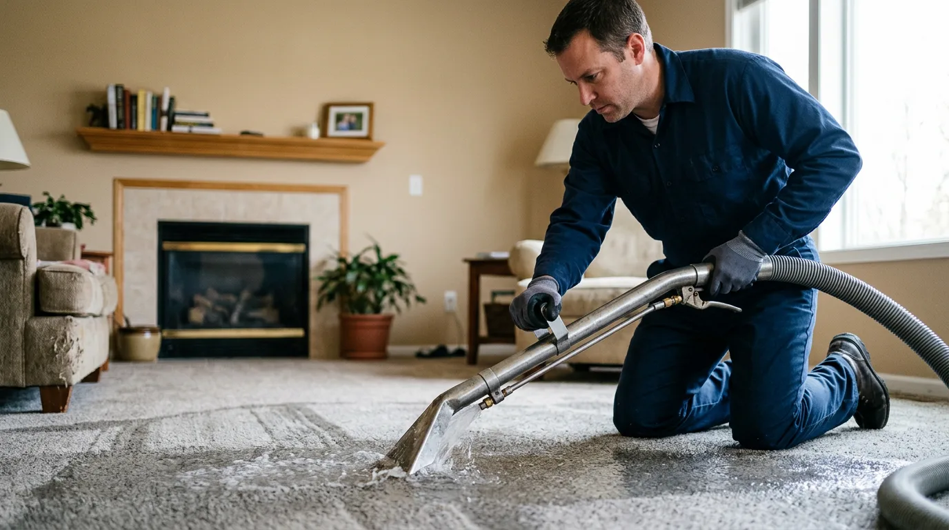 Water damage restoration technician working near Carthage, IL